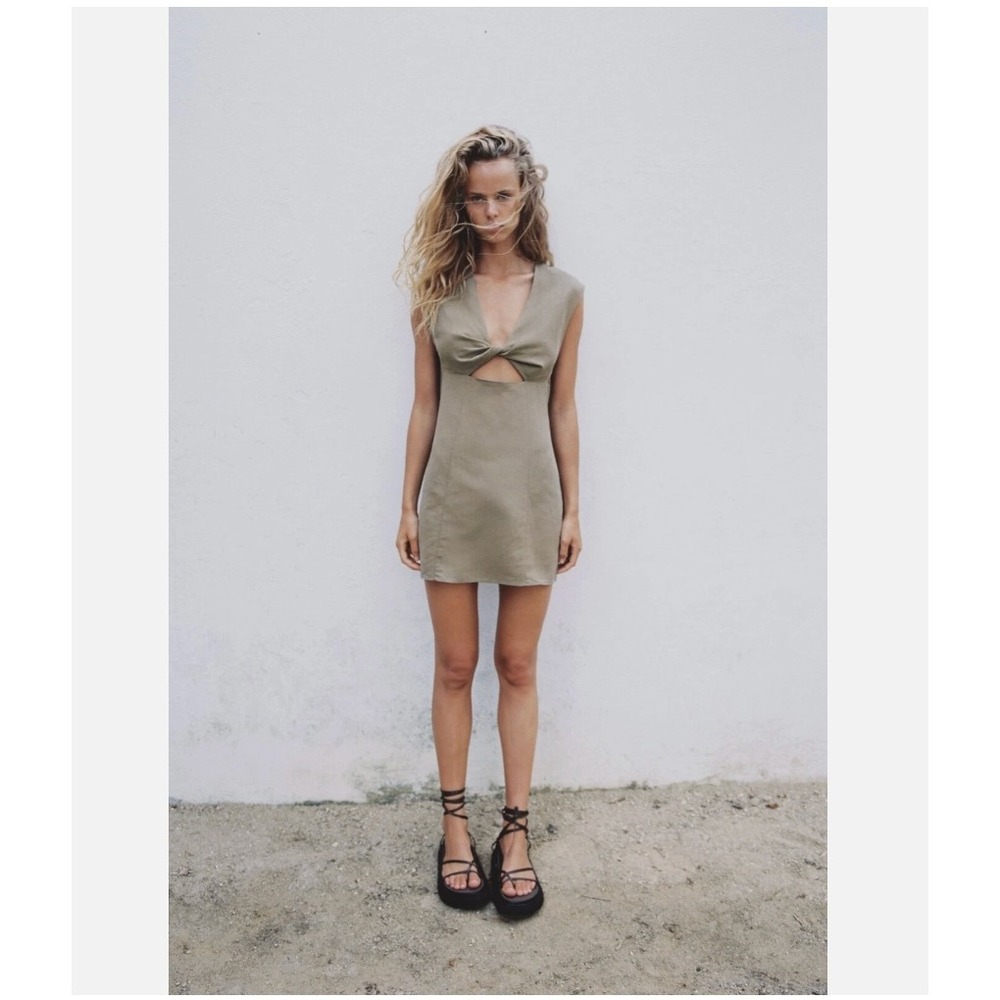 Zara Khaki Taupe Twist Front Cutout Mini Dress Sleeveless V-Neck Sz S